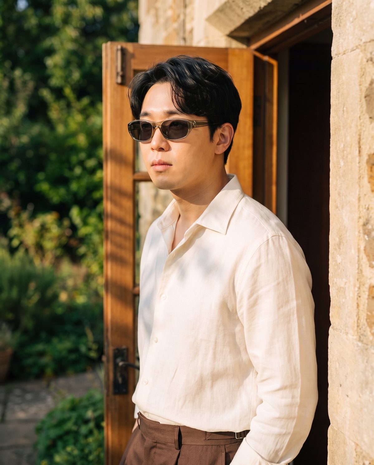 햇빛 드는 오래된 집 문가에서 DREAMER81 카키 다크 렌즈를 쓴 남자